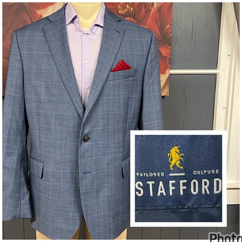 Stafford Coolmax All Season Blazer Jacket Mens 46R Wool Blend Stretch Blue Plaid